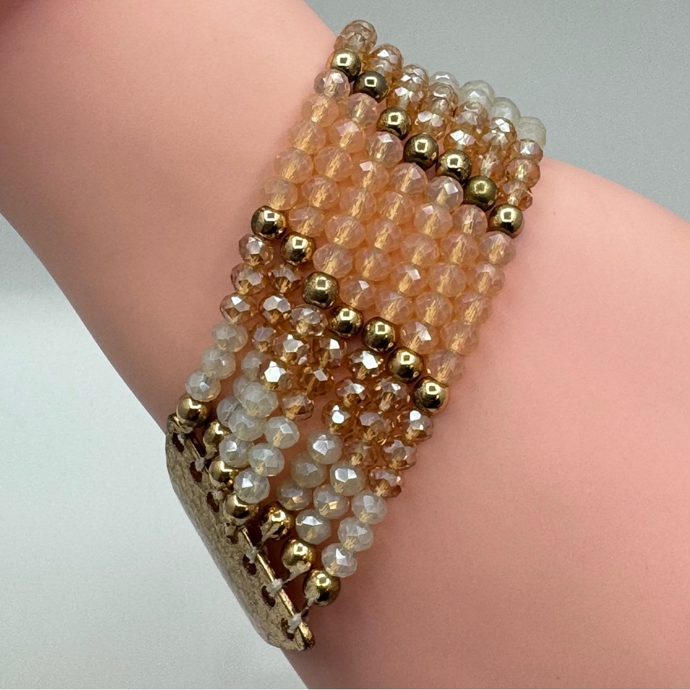 Gold Tone Multi Strand Crystal Bead Bracelet Peach Champagne Boho